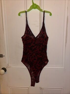 Women’s Burgundy Floral Lace Bodysuit - Unbranded